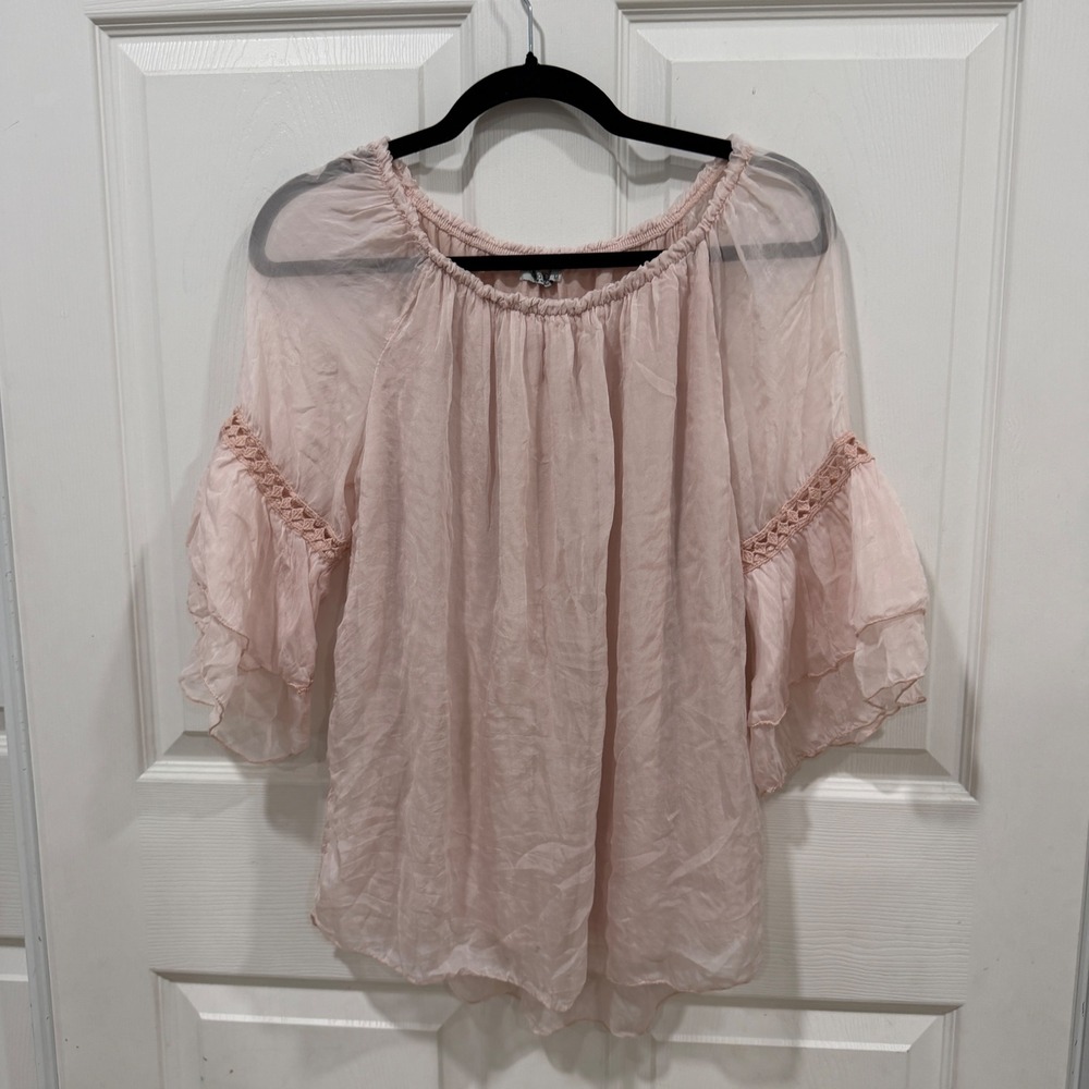 Elena Baldi Italy Silk Pink Lace Trim Bell Sleeve Blouse Top M Art 1123M